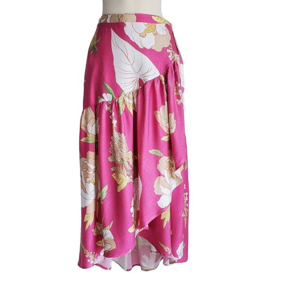 Cynthia Rowley Maxi Wrap Skirt Flowy Ruffle High Low Hem Floral Bright Pink M - Picture 2 of 14